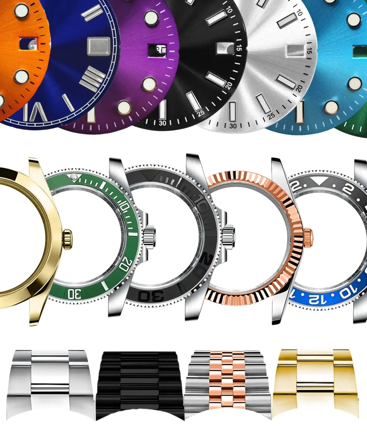 Montre Rolex Submariner avec cadrans colorés et bracelet en acier inoxydable.