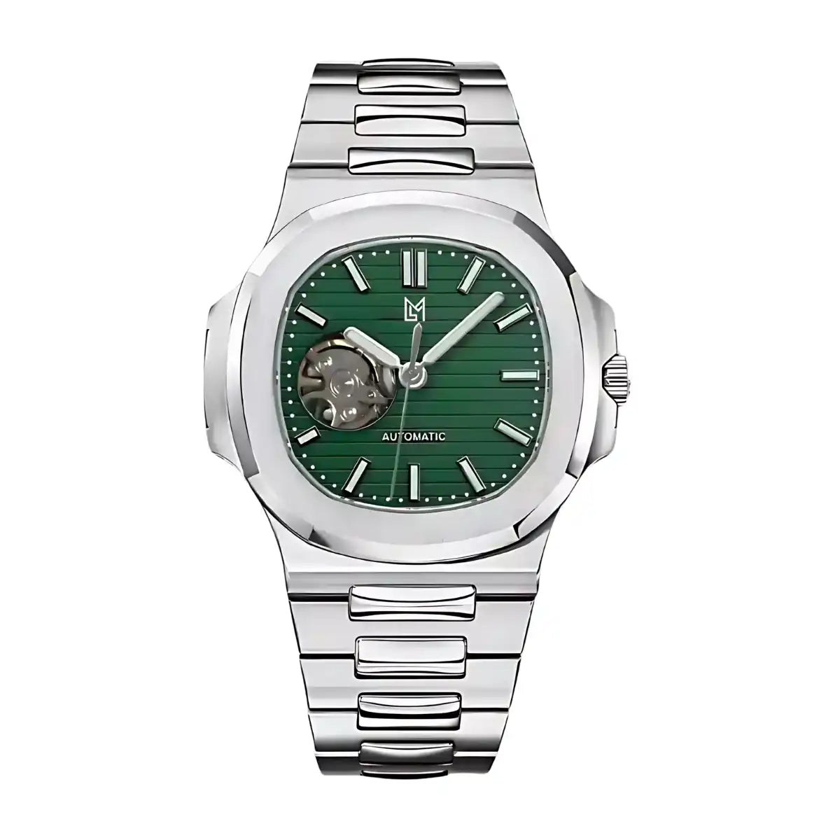 Une montre automatique en argent avec un cadran vert et un balancier apparent.