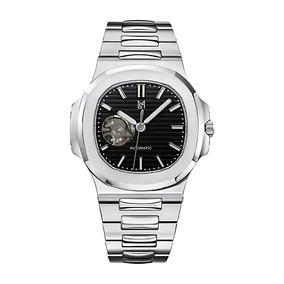 Une montre automatique argentée avec un cadran noir à lignes horizontales et un sous-cadran open-heart affichant son mécanisme intérieur.
