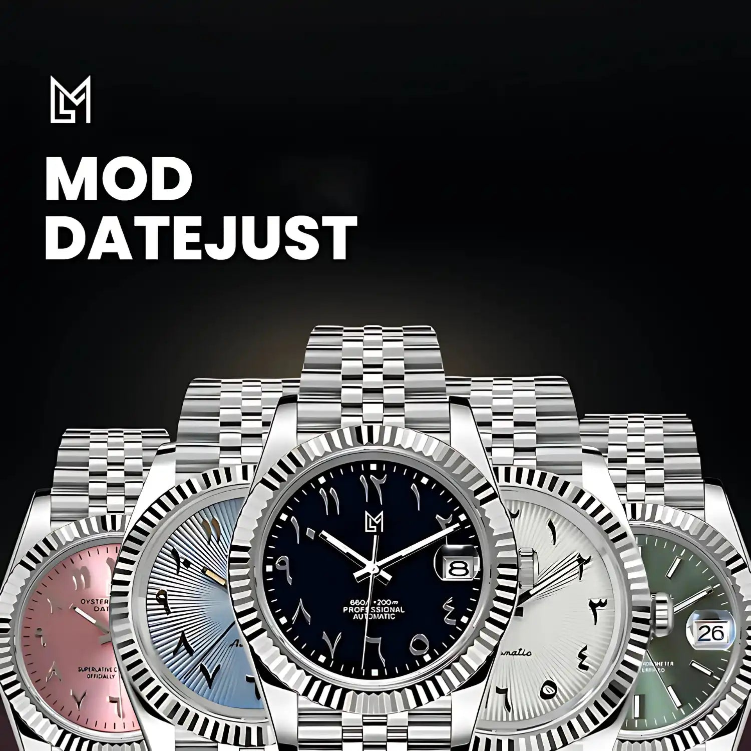 Une collection de montres automatiques en acier inoxydable avec des lunettes cannelées et des chiffres arabes sur des cadrans de différentes couleurs.