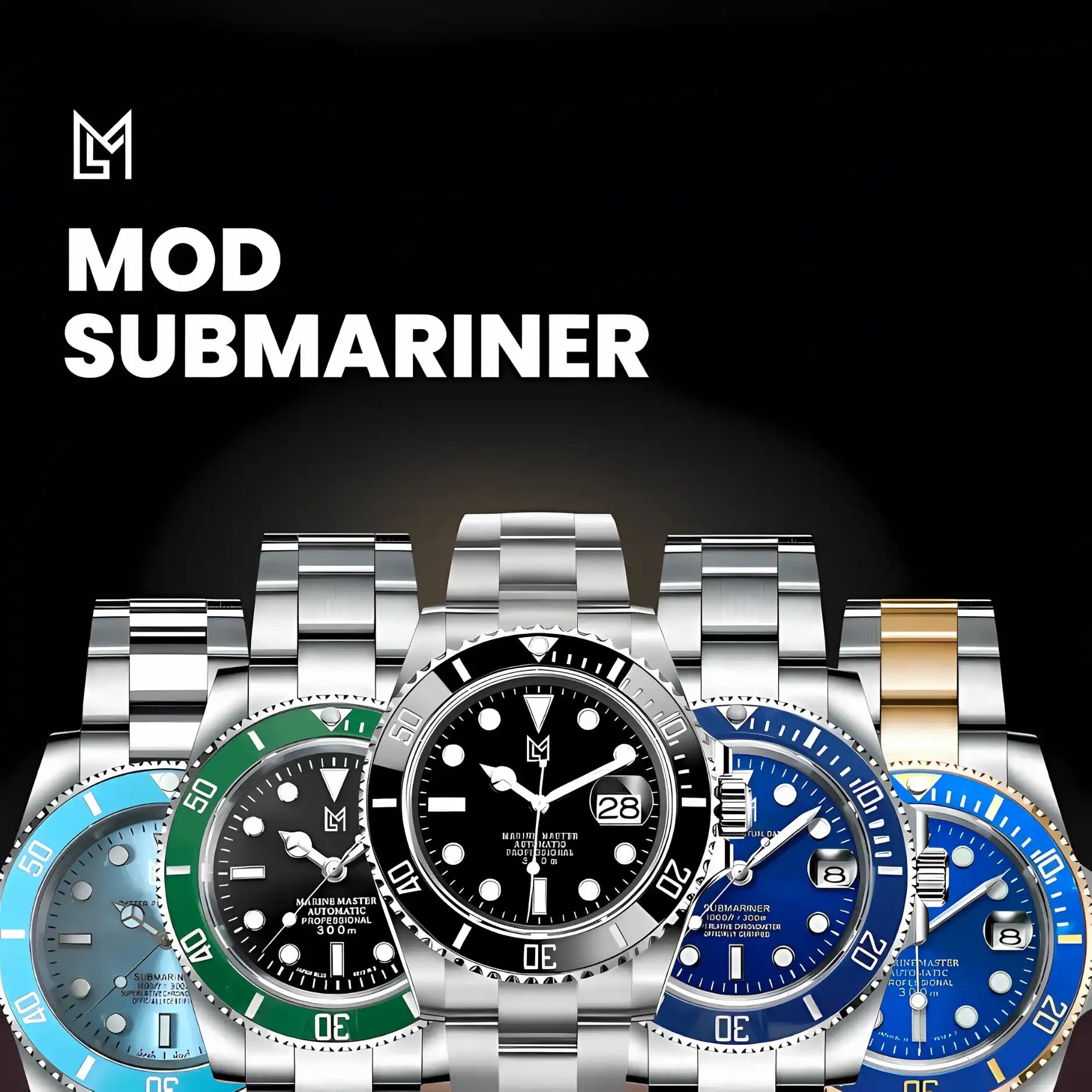 Une collection de cinq montres-bracelets en acier inoxydable avec des couleurs de cadran et de lunette variées, comportant une fenêtre de date et des lunettes de style plongée.