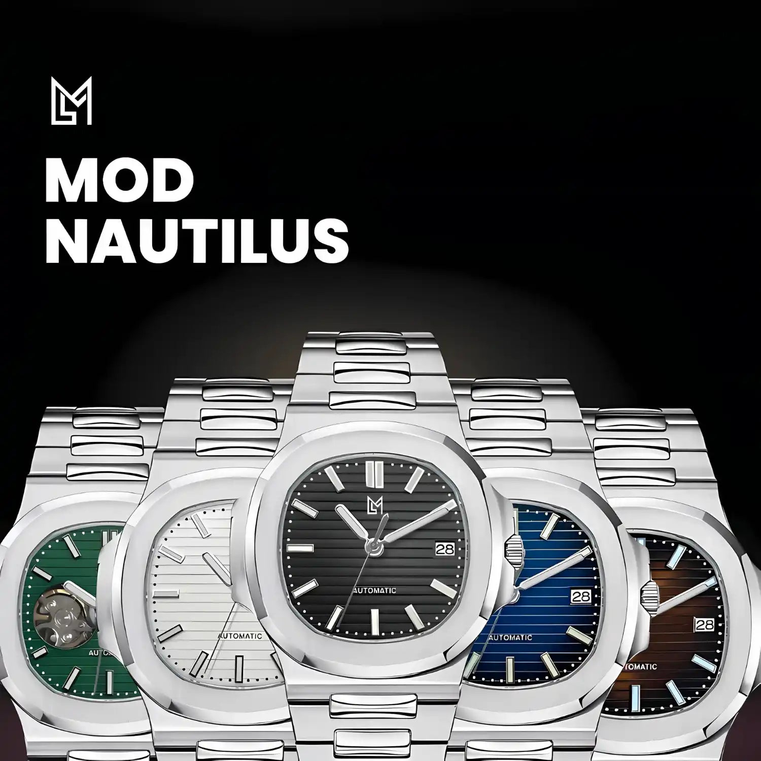 Une collection de montres en acier inoxydable avec différentes couleurs de cadran, y compris noir, blanc, bleu, vert et marron, dotées d'une affichage de la date et d'un mouvement automatique.
